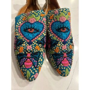 Zipakana Embroidered Artisanal Flats Heart Eye Butterfly Teal Blue Womens 25 8